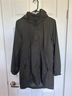 Dark Olive Green Aritzia hooded rain jacket
